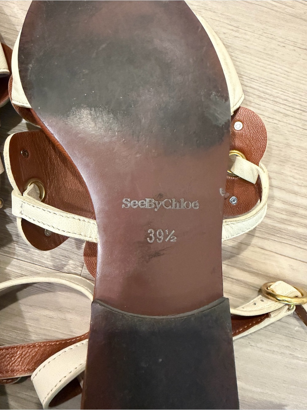 See By Chloe White Floral Leather Ankle-Strap Sandals with Gold Accents - Picture 2 of 11